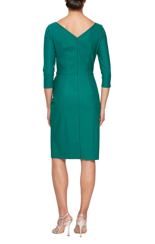 Short Sheath Compression Dress with Surplice Neckline and Beaded Detail at Hip - alexevenings.com