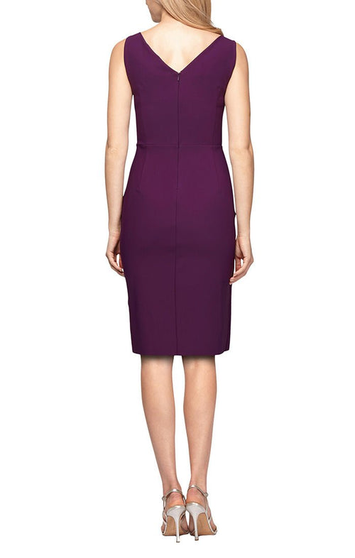 Short Side Ruched Compression Dress with Surplice Neckline, Cascade Ruffle Skirt & Beaded Detail at Hip - alexevenings.com