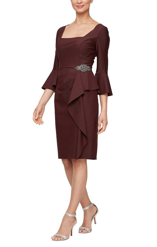 Short Square Neck Sheath Dress with Bell Sleeves & Embellished Cascade Ruffle Detail - alexevenings.com