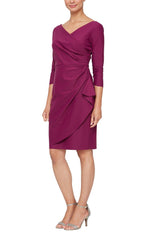 Short Surplus Sheath Dress with 3/4 sleeves & cascade ruffle detail - alexevenings.com