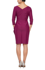 Short Surplus Sheath Dress with 3/4 sleeves & cascade ruffle detail - alexevenings.com