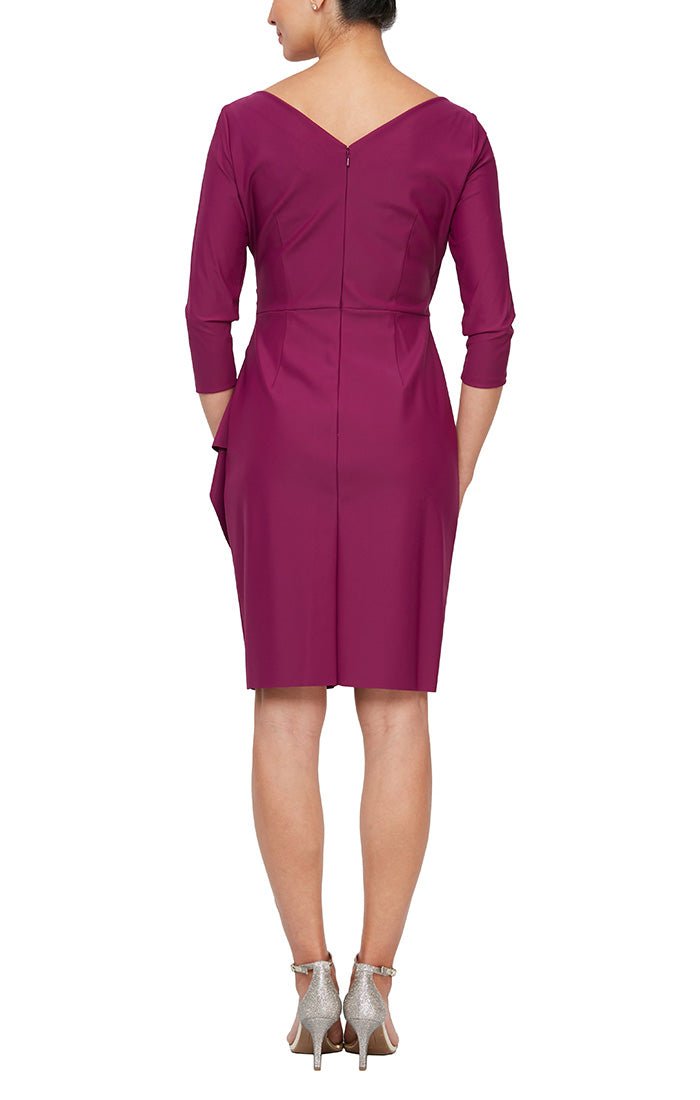 Short Surplus Sheath Dress with 3/4 sleeves & cascade ruffle detail - alexevenings.com