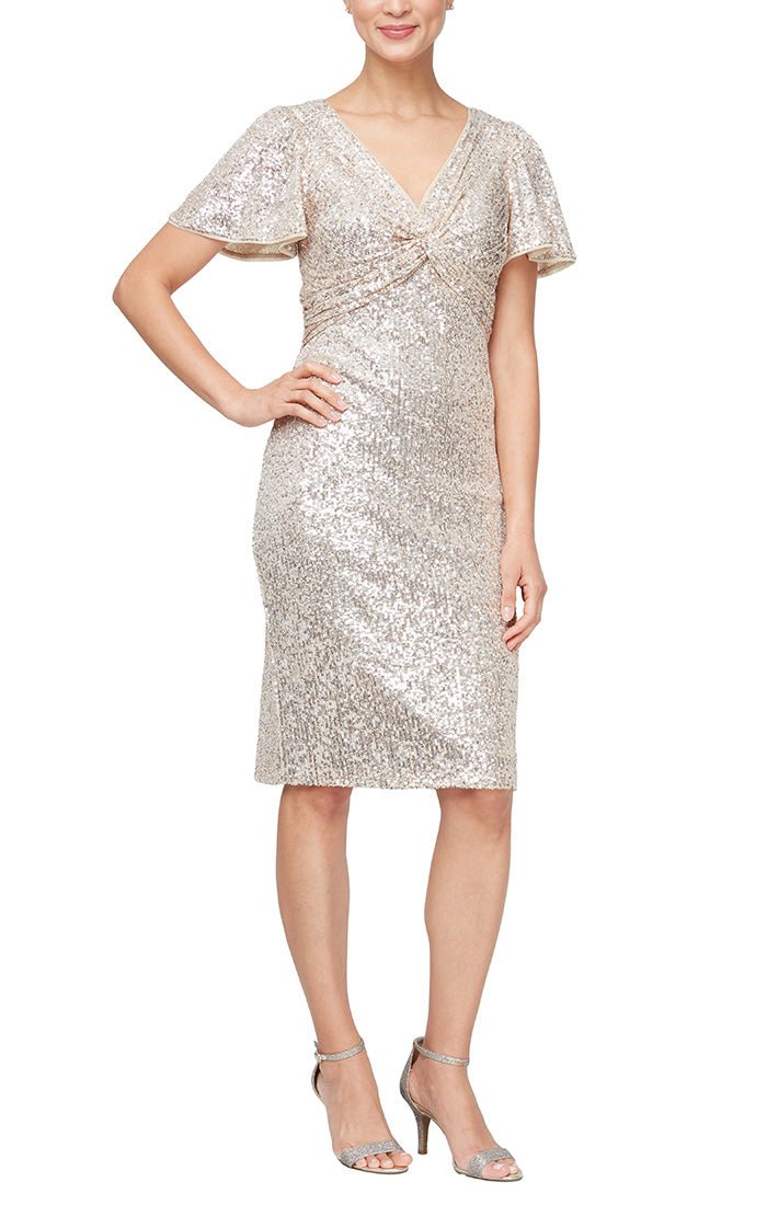 Short V Neck Sheath Dress With Twist Front Detail And Flutter Sleeves