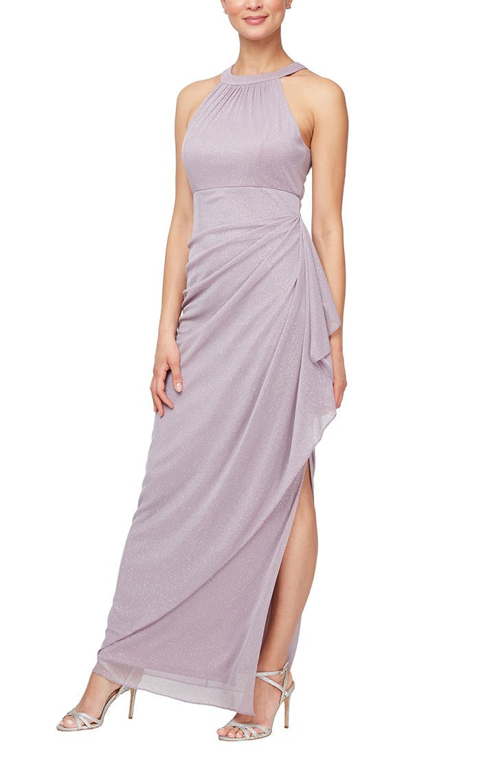 Sleeveless Glitter Mesh Halter Neck Dress with Cascade Detail Skirt - alexevenings.com