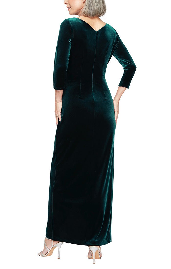 Surplice Neckline Velvet Long Dress with Tulip Overlay Hem Skirt and 3/4 Sleeves - alexevenings.com