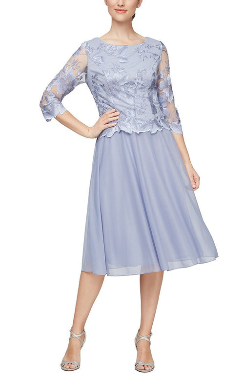 Tea - Length Embroidered Mock Dress with Illusion Sleeves, Scallop Detail and Full Skirt - alexevenings.com