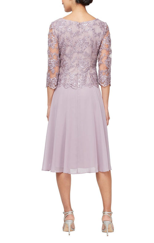 Tea Length Embroidered Mock Dress with Scallop Detail & Full Skirt - alexevenings.com