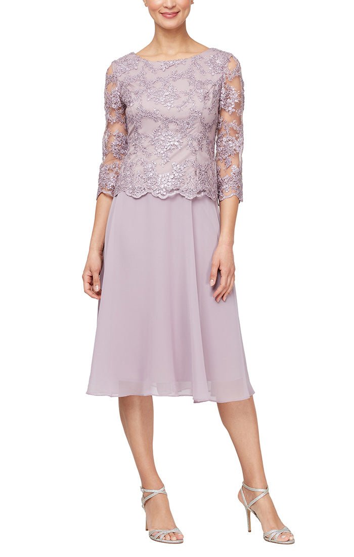 Tea Length Embroidered Mock Dress with Scallop Detail & Full Skirt - alexevenings.com