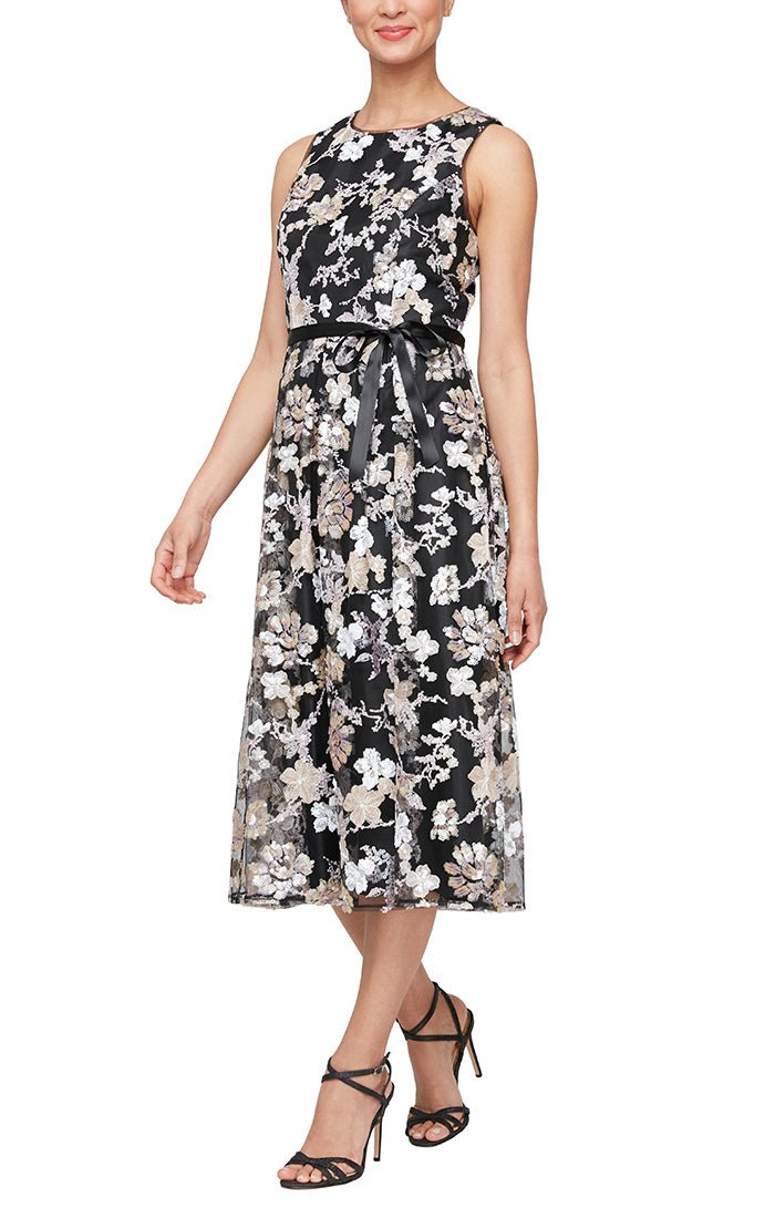 Tea-Length Embroidered Sleeveless Fit and Flare Dress with Tie Belt - alexevenings.com

BLACK MULTI