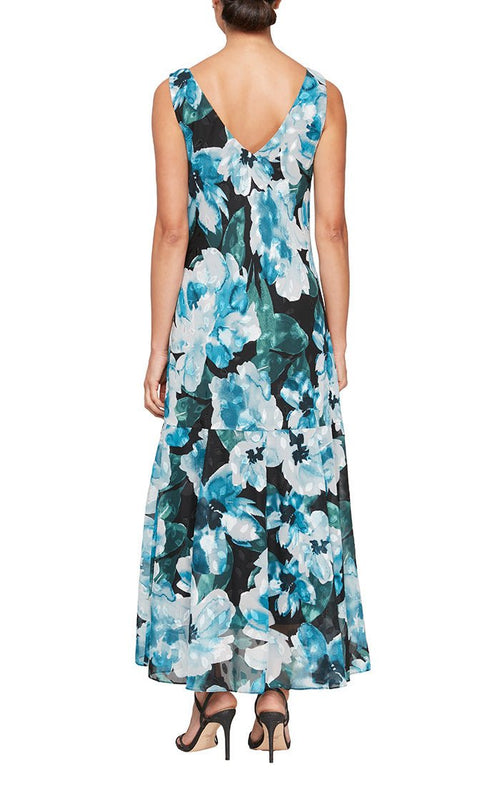 Tea Length Printed Sleeveless Dress with Shawl - alexevenings.com