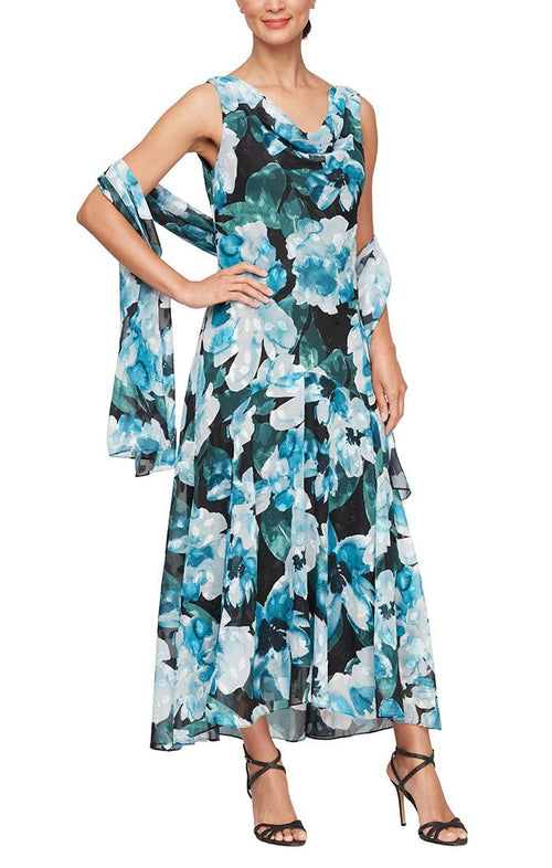 Tea Length Printed Sleeveless Dress with Shawl - alexevenings.com