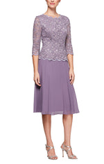 Petite Tea-Length Dress with Sequin Lace Bodice & Chiffon Skirt