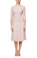 Petite Tea-Length Dress with Sequin Lace Bodice & Chiffon Skirt