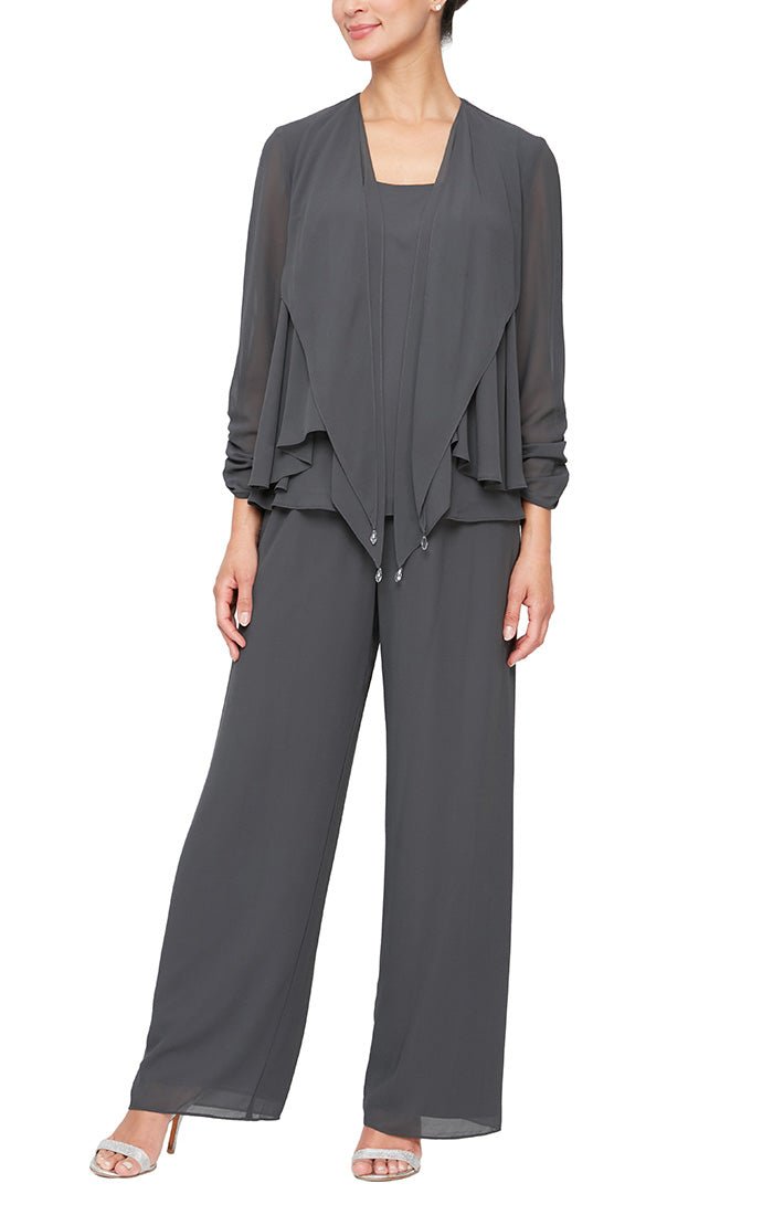 3-PC Pantsuit With Scoop Neck Tank, Pointed Tiered Hem Open Jacket and Straight Leg Pant - alexevenings.com