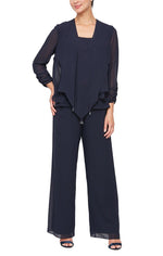 3-PC Pantsuit With Scoop Neck Tank, Pointed Tiered Hem Open Jacket and Straight Leg Pant - alexevenings.com