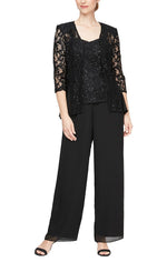 3-PC Pantsuit With Sweetheart Neckline Tank, Godet Detail Illusion Jacket and Straight Leg Pant - alexevenings.com