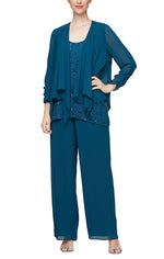 3-Piece Pantsuit With Lace Scoop Neck Tank, Straight Leg Pant and Elongated Cascade Detail Jacket - alexevenings.com