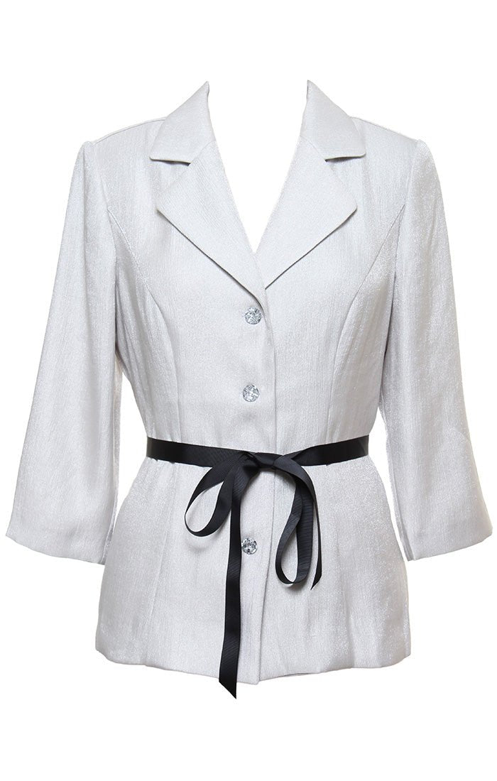 3/4 Sleeve Button Front Blouse With Collar and Tie Belt - alexevenings.com