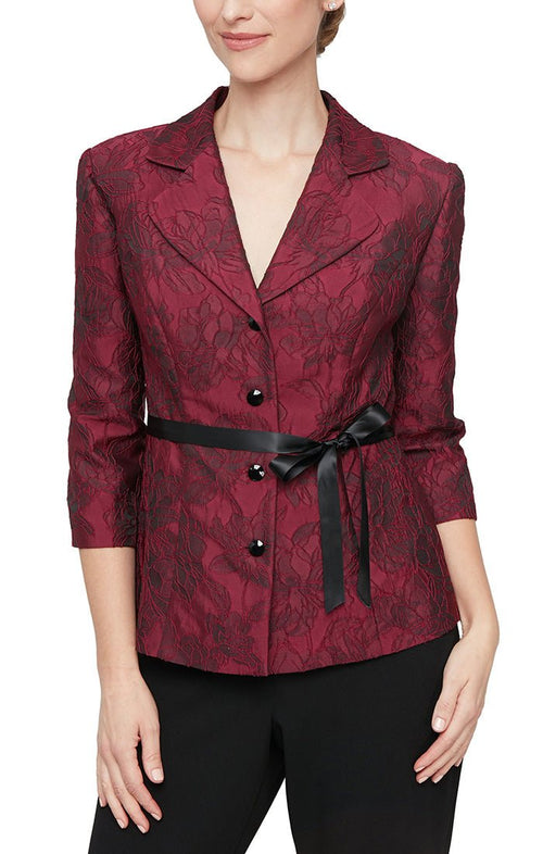 3/4 Sleeve Center Front Button Blouse with Collar and Tie Belt - alexevenings.com