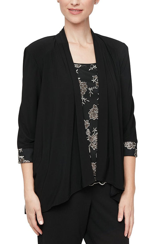 3/4 Sleeve Elongated Cascade Twinset with Scoop Neck Embroidered Tank and Solid Jersey Jacket - alexevenings.com