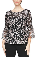 3/4 Sleeve Embroidered Blouse With Illusion Neckline and Bell Sleeves - alexevenings.com