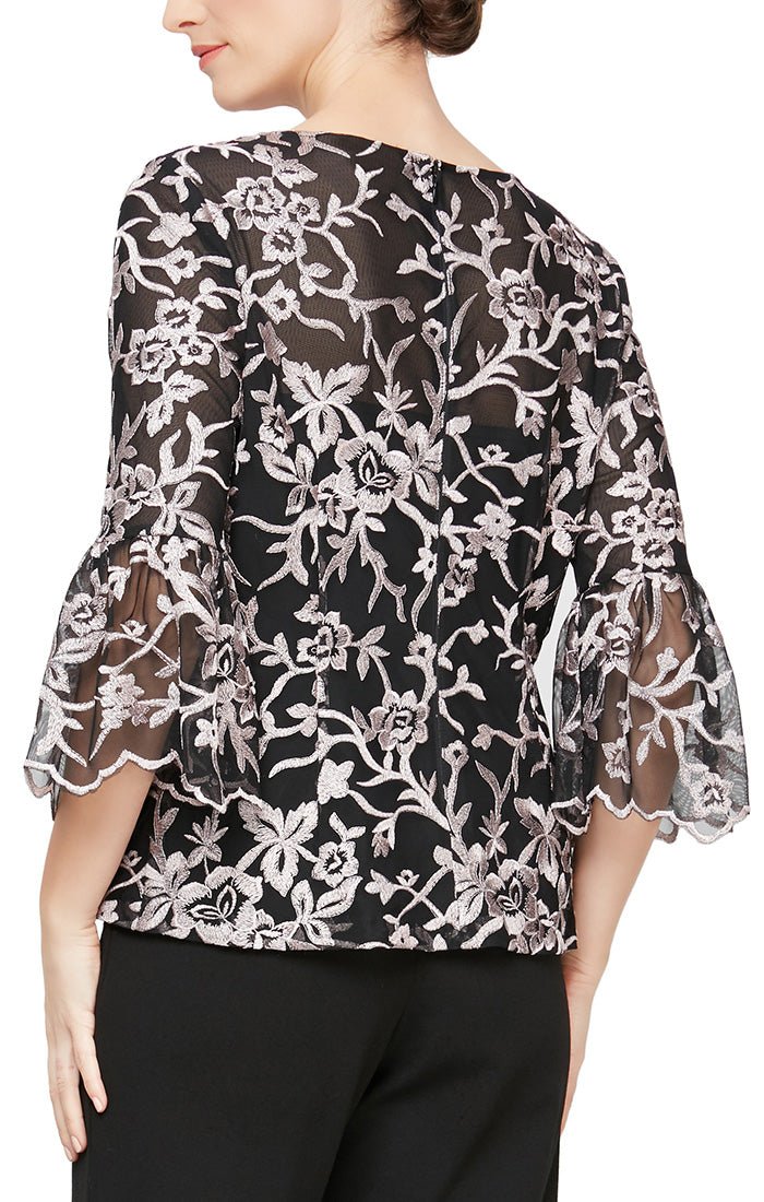 3/4 Sleeve Embroidered Blouse With Illusion Neckline and Bell Sleeves - alexevenings.com