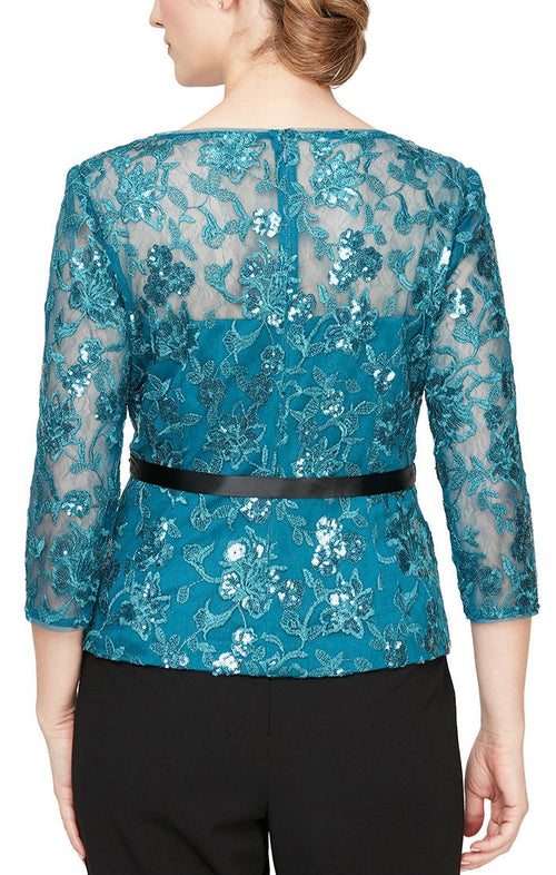 3/4 Sleeve Embroidered Blouse with Illusion Neckline and Tie Belt - alexevenings.com