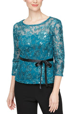 3/4 Sleeve Embroidered Blouse with Illusion Neckline and Tie Belt - alexevenings.com