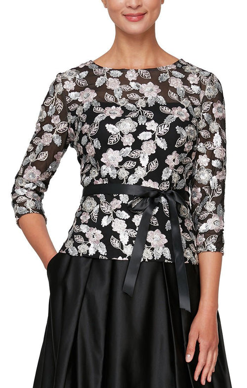 3/4 Sleeve Embroidered Blouse with Illusion Neckline & Sequin Detail - alexevenings.com