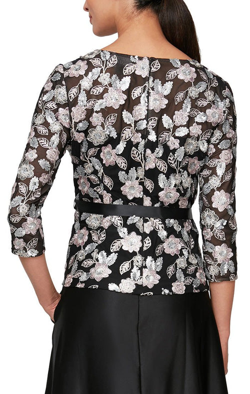 3/4 Sleeve Embroidered Blouse with Illusion Neckline & Sequin Detail - alexevenings.com