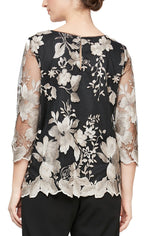 3/4 Sleeve Embroidered Blouse with Scallop Detail Hem - alexevenings.com