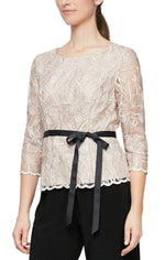 3/4 Sleeve Embroidered Blouse with Scallop Detail, Illusion Sleeves and Tie Belt - alexevenings.com