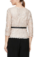 3/4 Sleeve Embroidered Blouse with Scallop Detail, Illusion Sleeves and Tie Belt - alexevenings.com