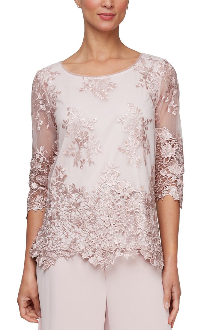 3/4 Sleeve Embroidered Detail Tunic with Scallop Sleeves & Hem - alexevenings.com