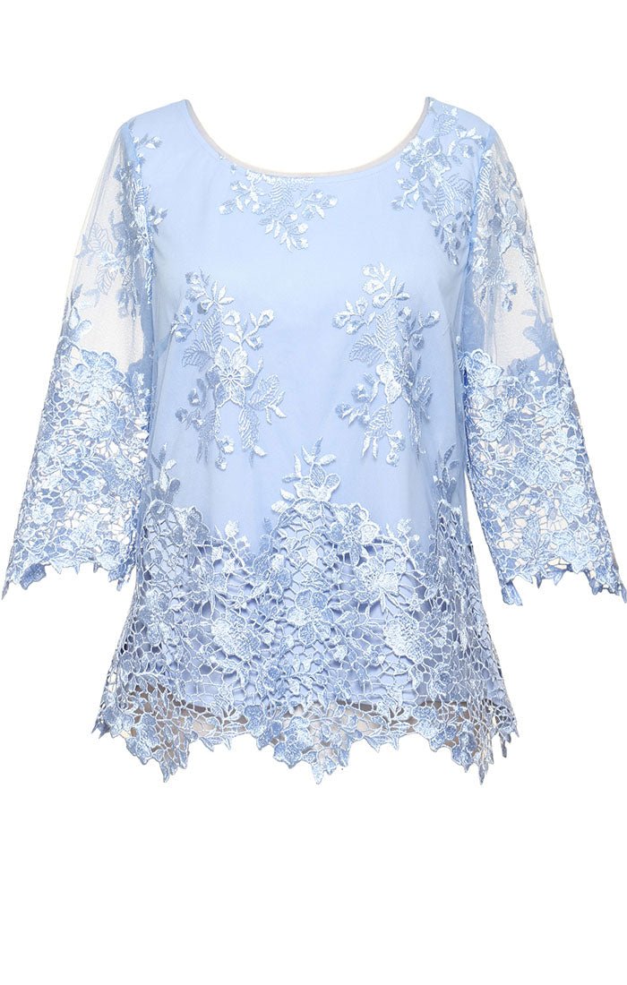 3/4 Sleeve Embroidered Detail Tunic with Scallop Sleeves & Hem - alexevenings.com