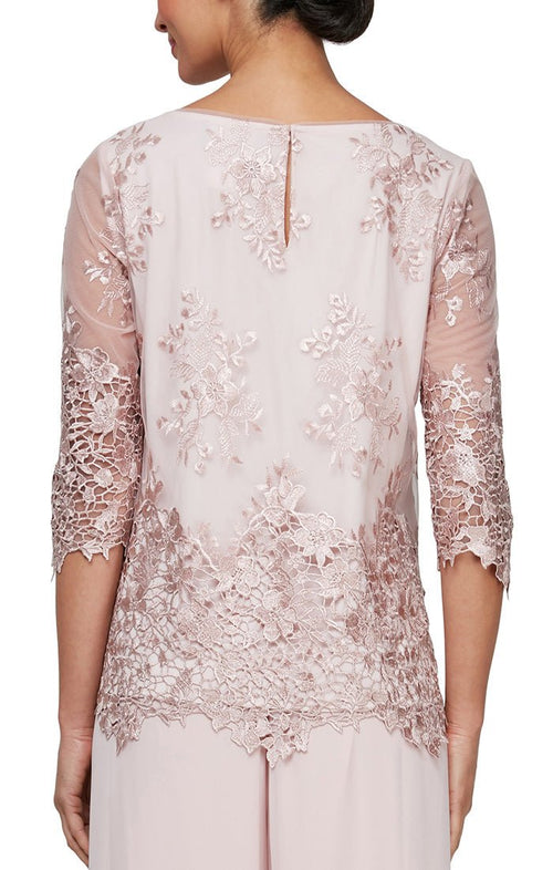 3/4 Sleeve Embroidered Detail Tunic with Scallop Sleeves & Hem - alexevenings.com