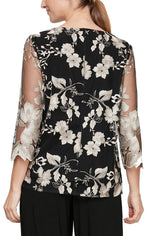 3/4 Sleeve Embroidered Mock Twinset with Hook Neck Closure and Scoop Neck Solid Tank - alexevenings.com