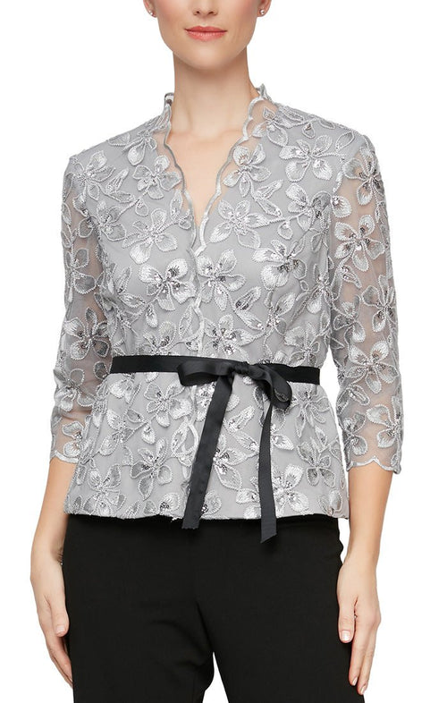 3/4 Sleeve Embroidered Surplice Neckline Blouse with Illusion Sleeves, Scallop Detail and Tie Belt - alexevenings.com