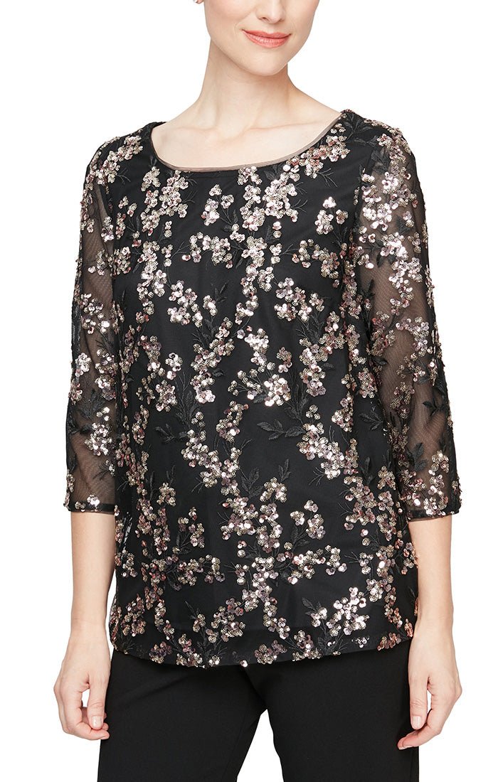 3/4 Sleeve Embroidered Tunic With Sequin Detail - alexevenings.com