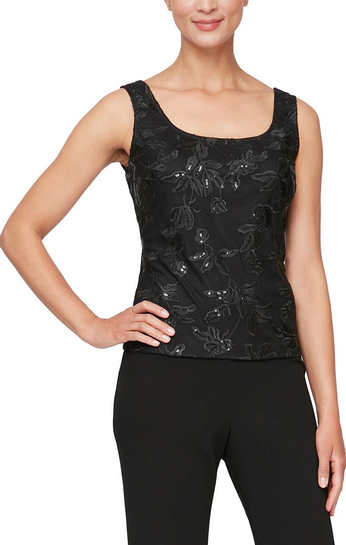 3/4 Sleeve Embroidered Twinset With Elongated Button Front Jacket and Scoop Neck Tank - alexevenings.com
