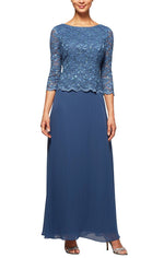 3/4 Sleeve Lace and Chiffon Gown with Scalloped Lace Detail - alexevenings.com