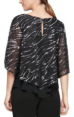 3/4 Sleeve Popover Sequin & Chiffon Blouse with Pointed Double Tier Hem - alexevenings.com