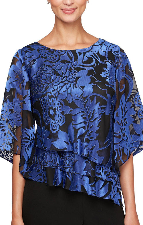 3/4 Sleeve Printed Blouse with Illusion Sleeves and Asymmetric Triple Tier Hem - alexevenings.com