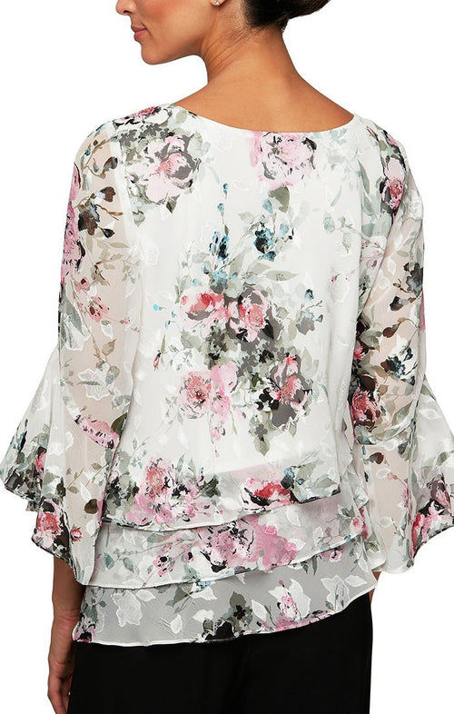 3/4 Sleeve Printed Blouse with Triple Tier Asymmetric Hem and Bell Sleeves - alexevenings.com