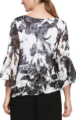 3/4 Sleeve Printed Chiffon Burnout Blouse with Bell Sleeves and Asymmetric Triple Tier Hem - alexevenings.com