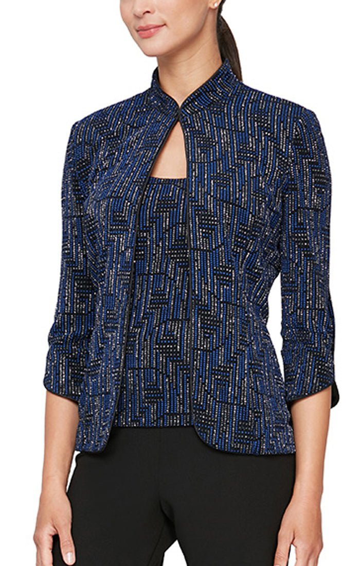 3/4 Sleeve Printed Twinset with Mandarin Neck Jacket and Scoop Neck Tank - alexevenings.com