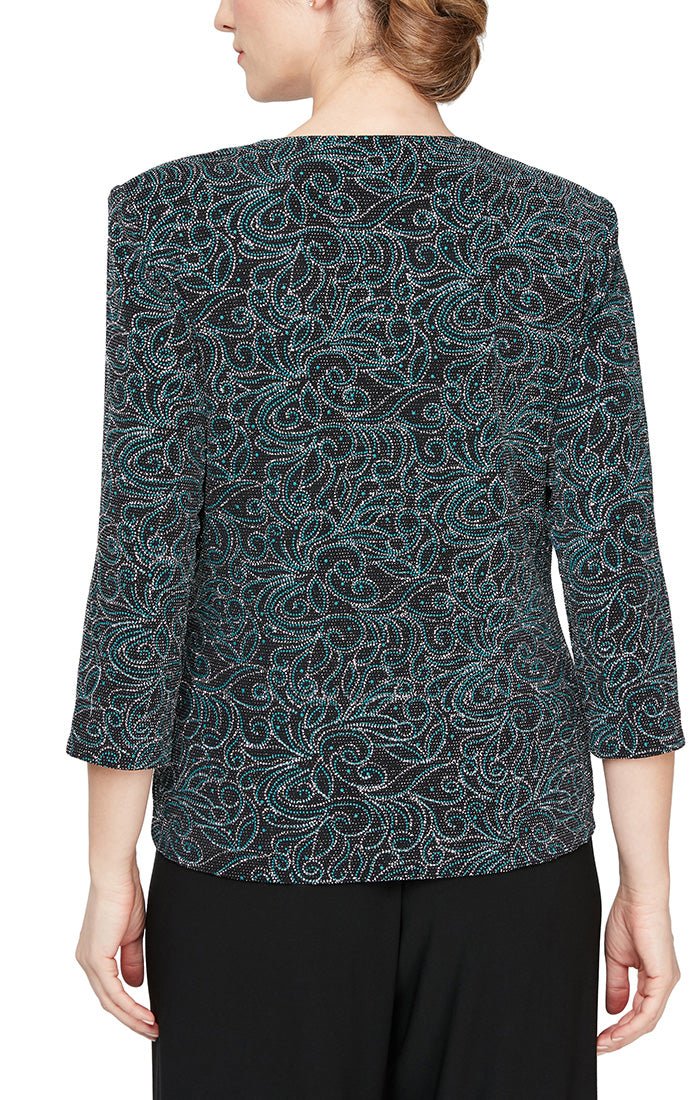 3/4 Sleeve Printed Twinset with Scoop Neck Tank and Hook Neck Jacket - alexevenings.com