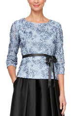 3/4 Sleeve Rosette Blouse with Illusion neckline & Tie Belt - alexevenings.com