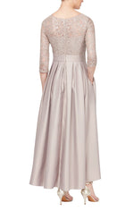 3/4 Sleeve Sequin Lace Party Dress with Satin Skirt & Ribbon Belt - alexevenings.com