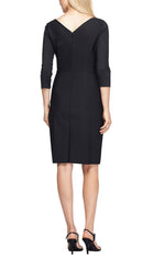 3/4 Sleeve Short Compression Collection Surplice Sheath Dress with Beaded Hip Detail & Cascade Ruffle Detail - alexevenings.com